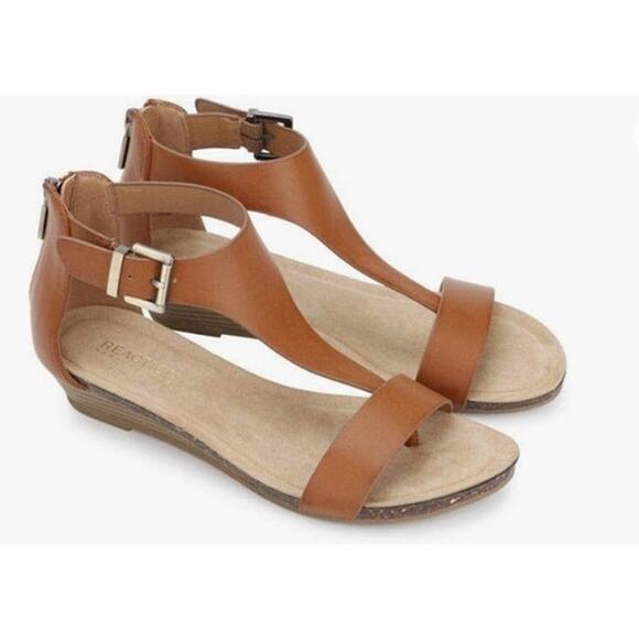 Kenneth Cole Great City Gal Toffee Cognac Vegan Leather Wedge T-Strap Sandals 8 - Picture 13 of 13